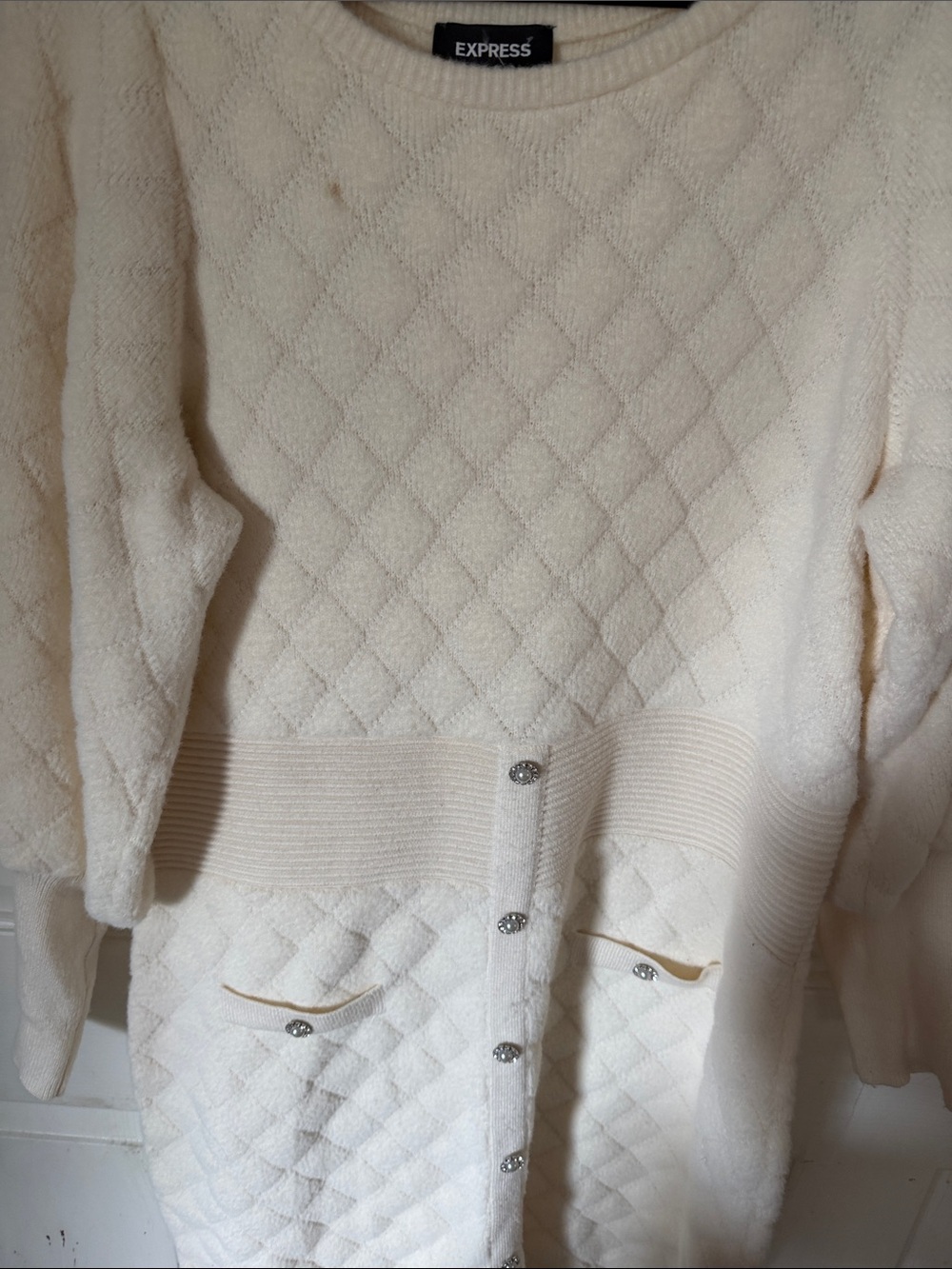 Express Cream Diamond-Quilted Button-Front Cardigan